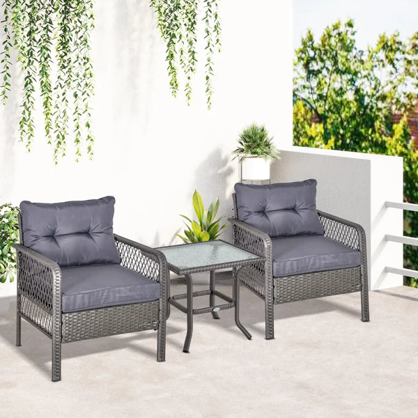 Conjunto de móveis de rattan de jardim 3 peças 2 poltronas 65x66x75 cm e 1 mesa de vidro temperado 50x50x50 cm com almofadas acolchoadas para terraço pátio cinza