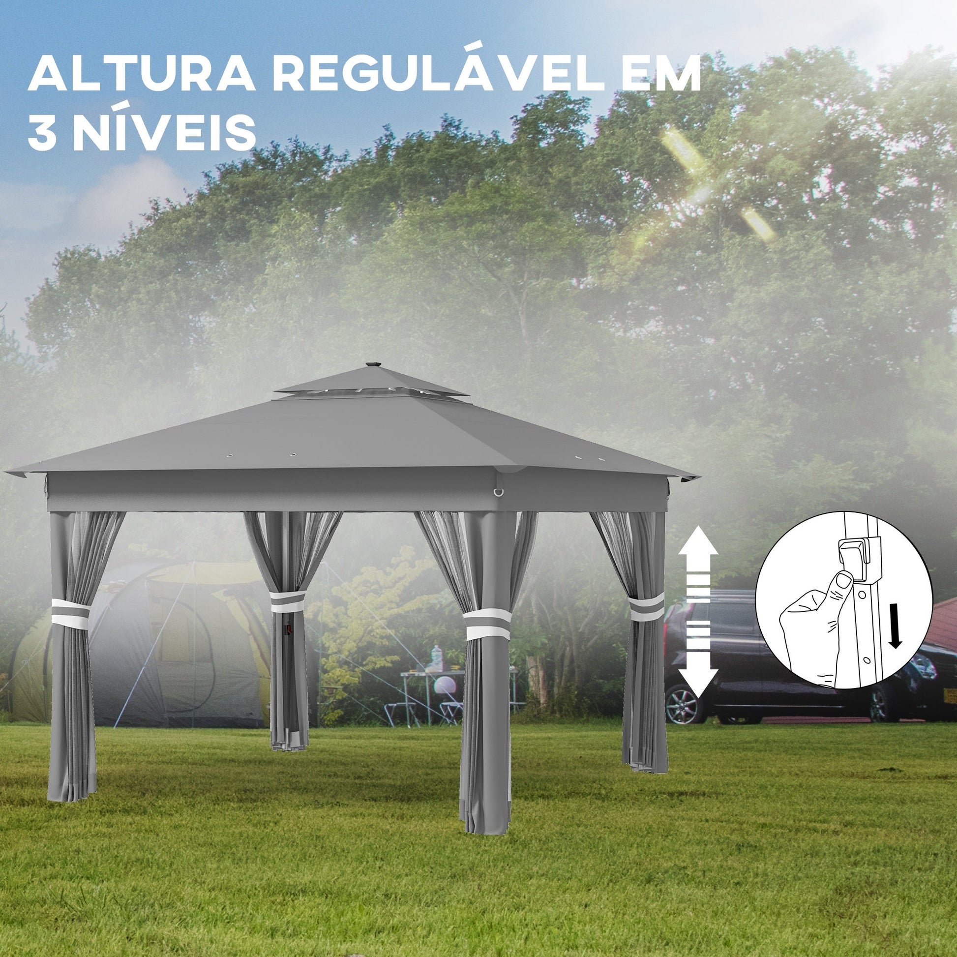 Tenda Dobrável 336x336 cm Tenda de Jardim com Teto Duplo 4 Paredes Laterais 20 Luzes LED Solares Altura Ajustável Controlo Remoto e Bolsa de Transporte para Jardim Pátio Festas Cinza