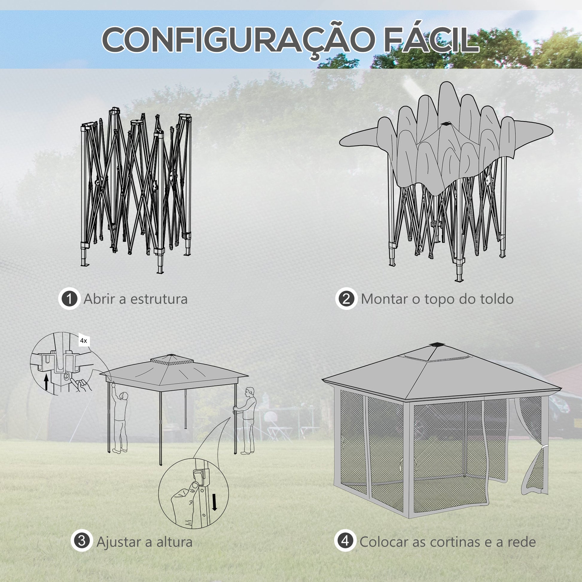 Tenda Dobrável 336x336 cm Tenda de Jardim com Teto Duplo 4 Paredes Laterais 20 Luzes LED Solares Altura Ajustável Controlo Remoto e Bolsa de Transporte para Jardim Pátio Festas Cinza