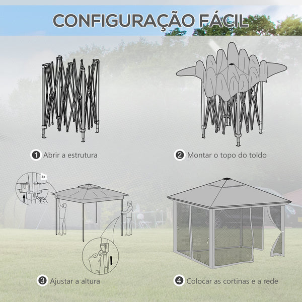 Tenda Dobrável 336x336 cm Tenda de Jardim com Teto Duplo 4 Paredes Laterais 20 Luzes LED Solares Altura Ajustável Controlo Remoto e Bolsa de Transporte para Jardim Pátio Festas Cinza