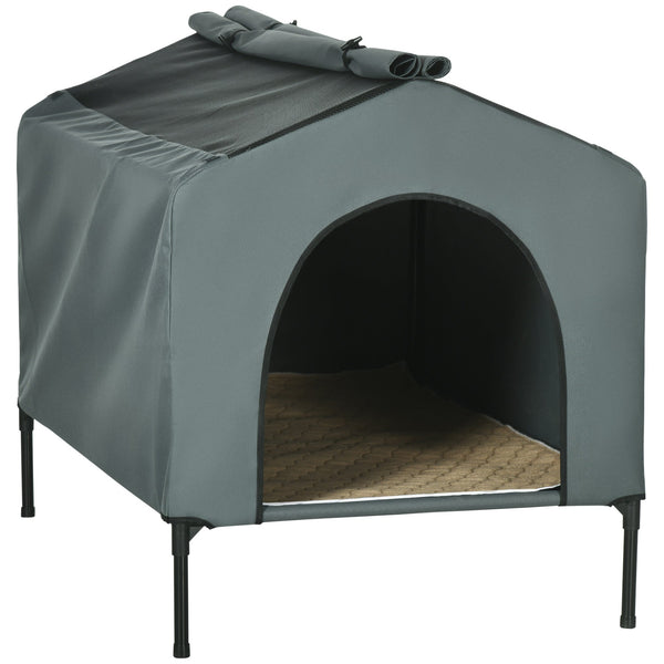 PawHut Casa para Cães com Cobertura Exterior 110x75x87 cm Cama Elevada para Animais de Estimação com Almofada e Janelas de Malha para Cães Grandes Cinza