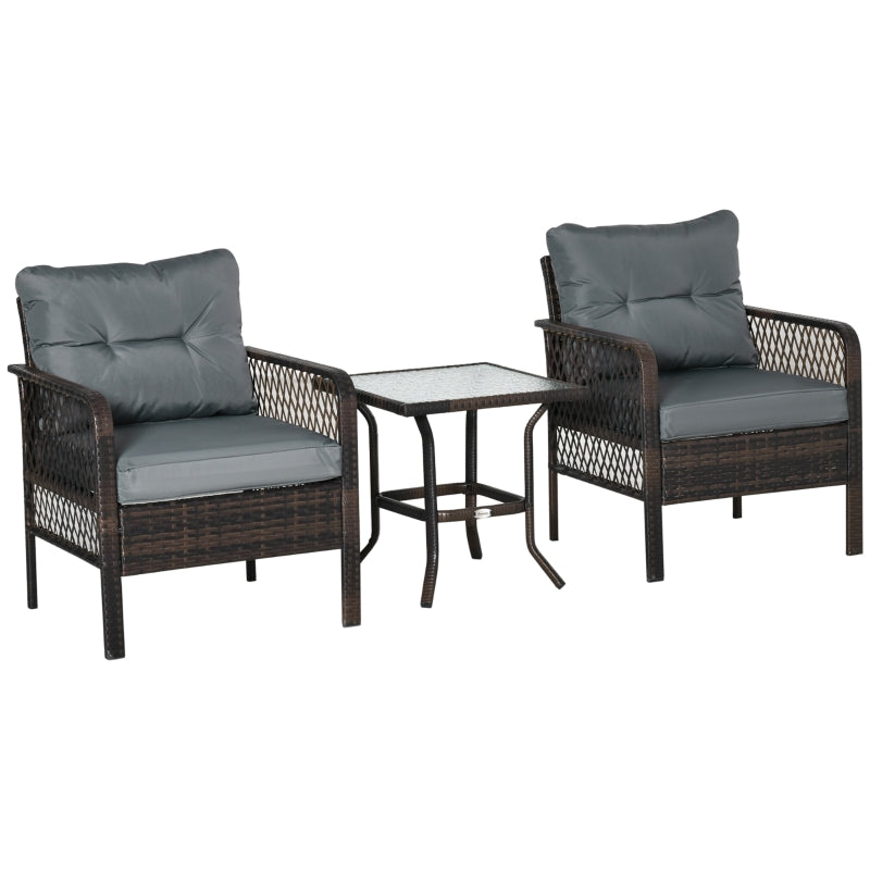 Conjunto Móveis de Vime 3 Peças de Jardim 2 Poltronas 65x66x75cm e 1 Mesa 50x50x50cm de Vidro Temperado com Almofadas Acolchoadas para Terraço Pátio Marrom
