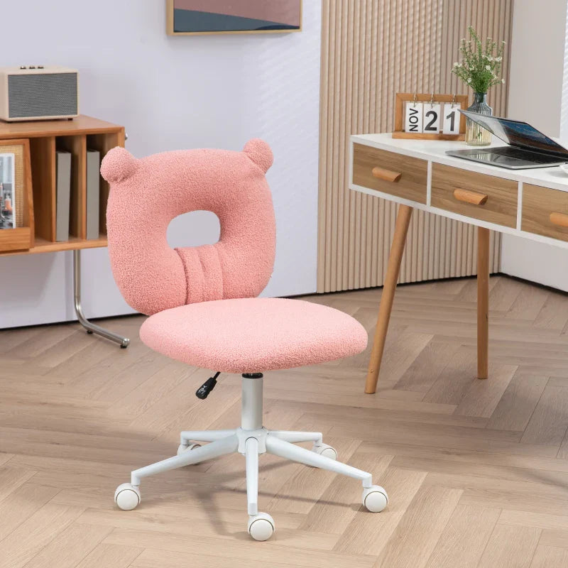 Cadeira de Secretária de Carneirinho Cadeira Infantil Giratória com Assento Ajustável em Altura e Encosto em Forma de Urso Capacidade 120 kg 50x56x80-90 cm Rosa