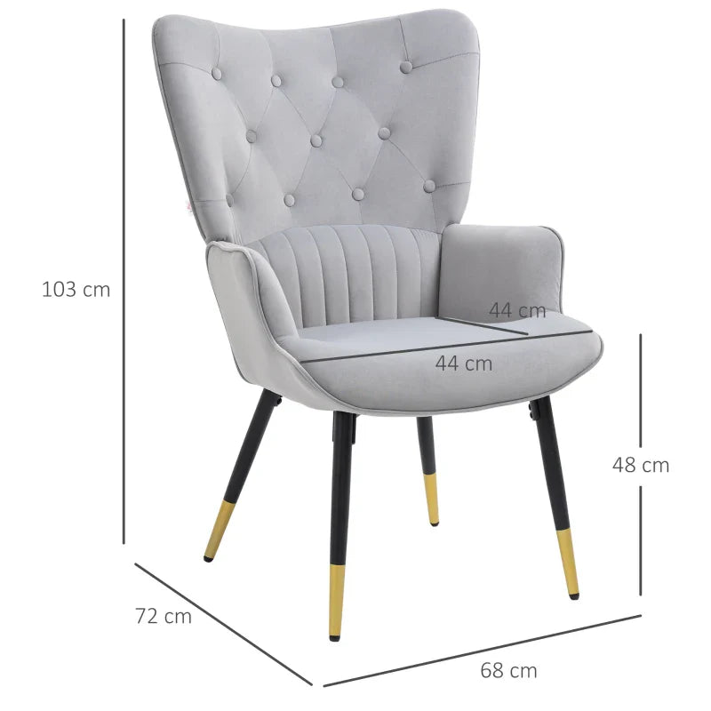 Poltrona Individual Poltrona Sala de Estar Estofada em Veludo com Encosto Alto Apoio para os Braços e Pés de Aço Estilo Moderno 68x72x103cm Cinza