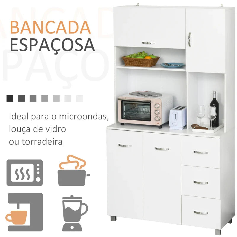 Armário de Cozinha Armário Alto com 3 Gavetas 4 Portas Prateleiras Interiores Ajustáveis e Pés Elevados Móvel Auxiliar para Sala de Jantar Sala de Estar 100x39,5x183,5cm Branco