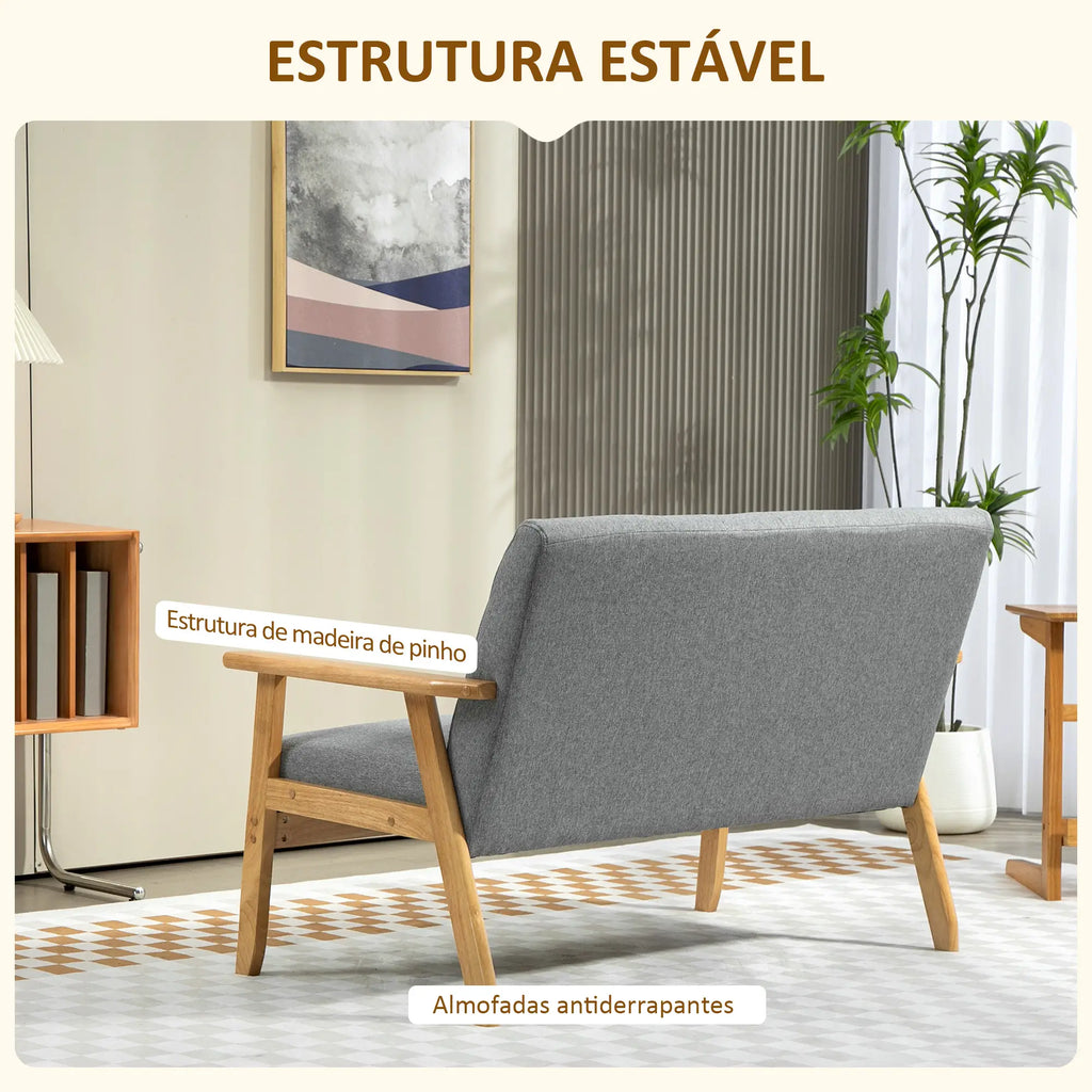 Sofá 2 Lugares Sofá Estofado em Linho com Apoio para os Braços de Madeira Encosto Acolchoado Carga 250 kg Poltrona para Sala de Estar Dormitório 114x75x76 cm Cinza Claro