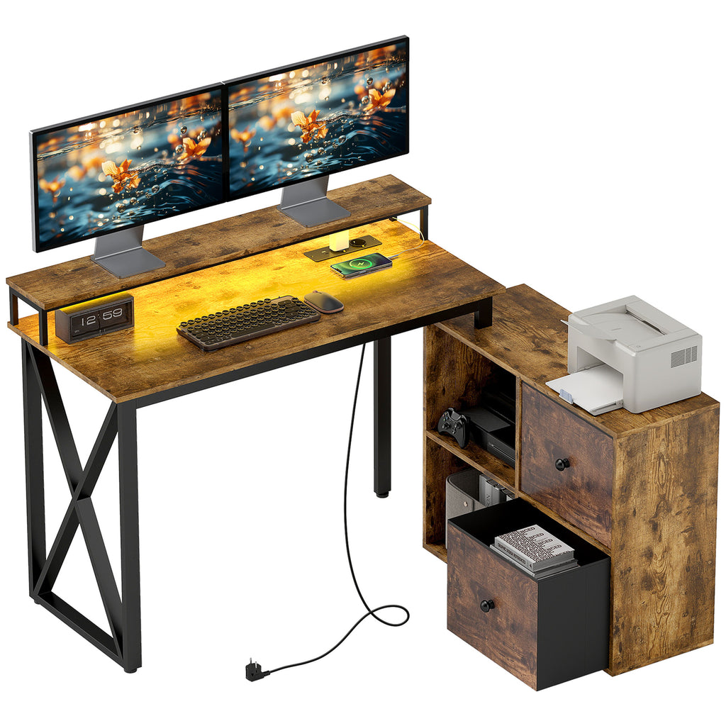 Secretária de Canto com Luzes LED Secretária com Estação de Carga 2 Compartimentos 2 Gavetas de Tela Controlo Remoto Suporte para Monitor para Sala de Estar Escritório Castanho Rústico