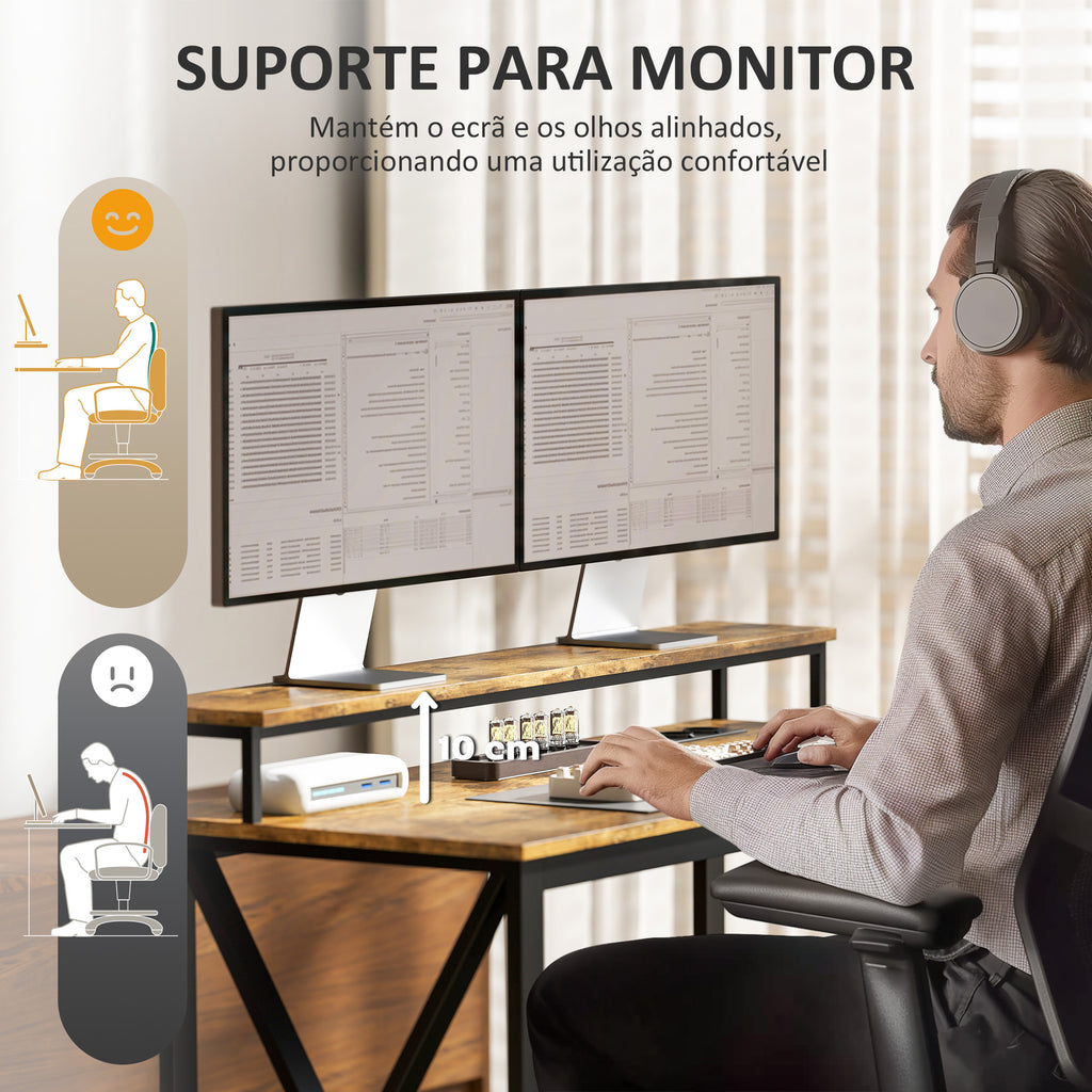 Secretária de Canto com Luzes LED Secretária com Estação de Carga 2 Compartimentos 2 Gavetas de Tela Controlo Remoto Suporte para Monitor para Sala de Estar Escritório Castanho Rústico