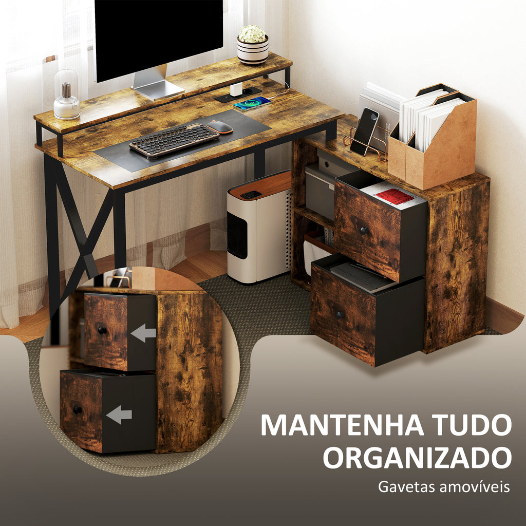 Secretária de Canto com Luzes LED Secretária com Estação de Carga 2 Compartimentos 2 Gavetas de Tela Controlo Remoto Suporte para Monitor para Sala de Estar Escritório Castanho Rústico