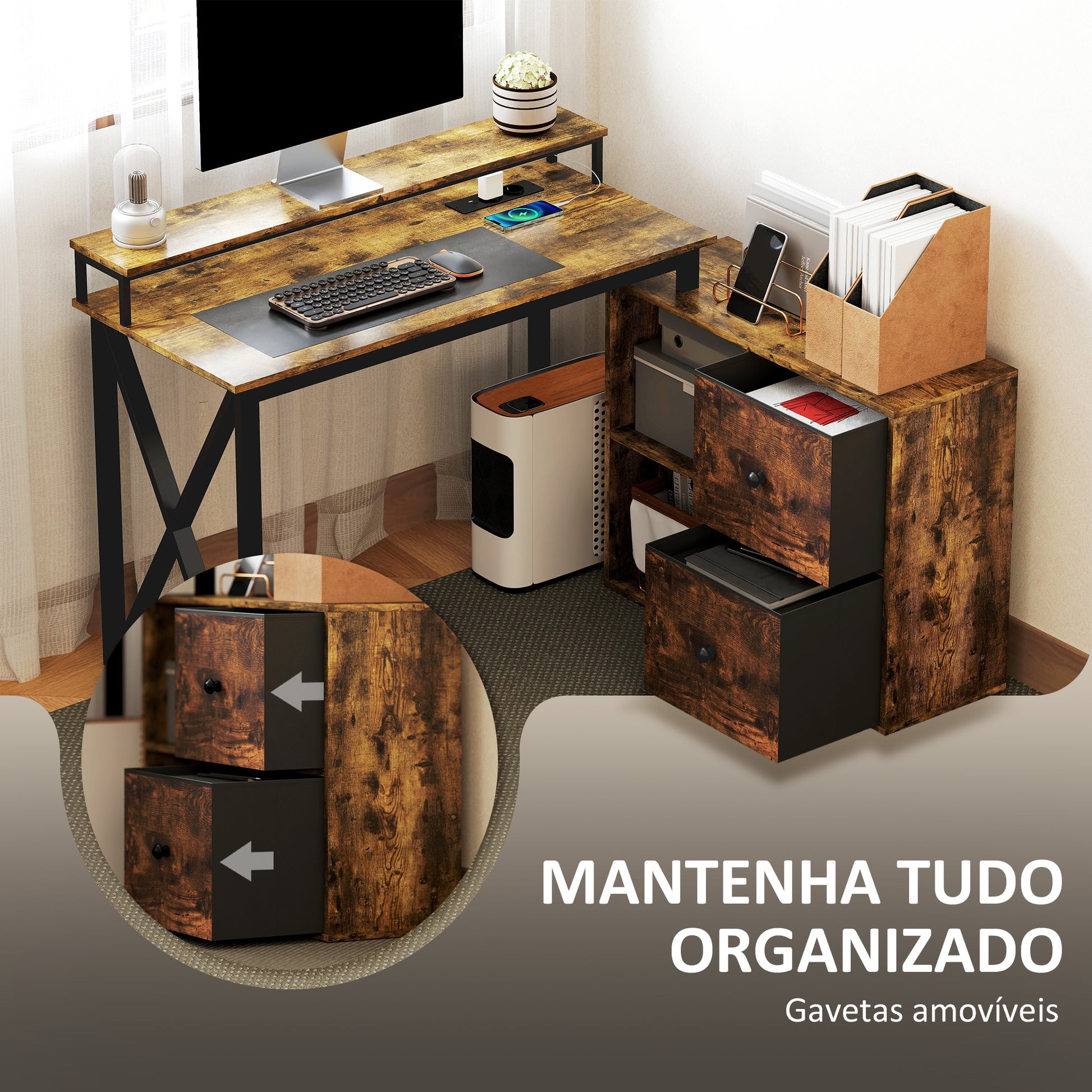 Secretária de Canto com Luzes LED Secretária com Estação de Carga 2 Compartimentos 2 Gavetas de Tela Controlo Remoto Suporte para Monitor para Sala de Estar Escritório Castanho Rústico