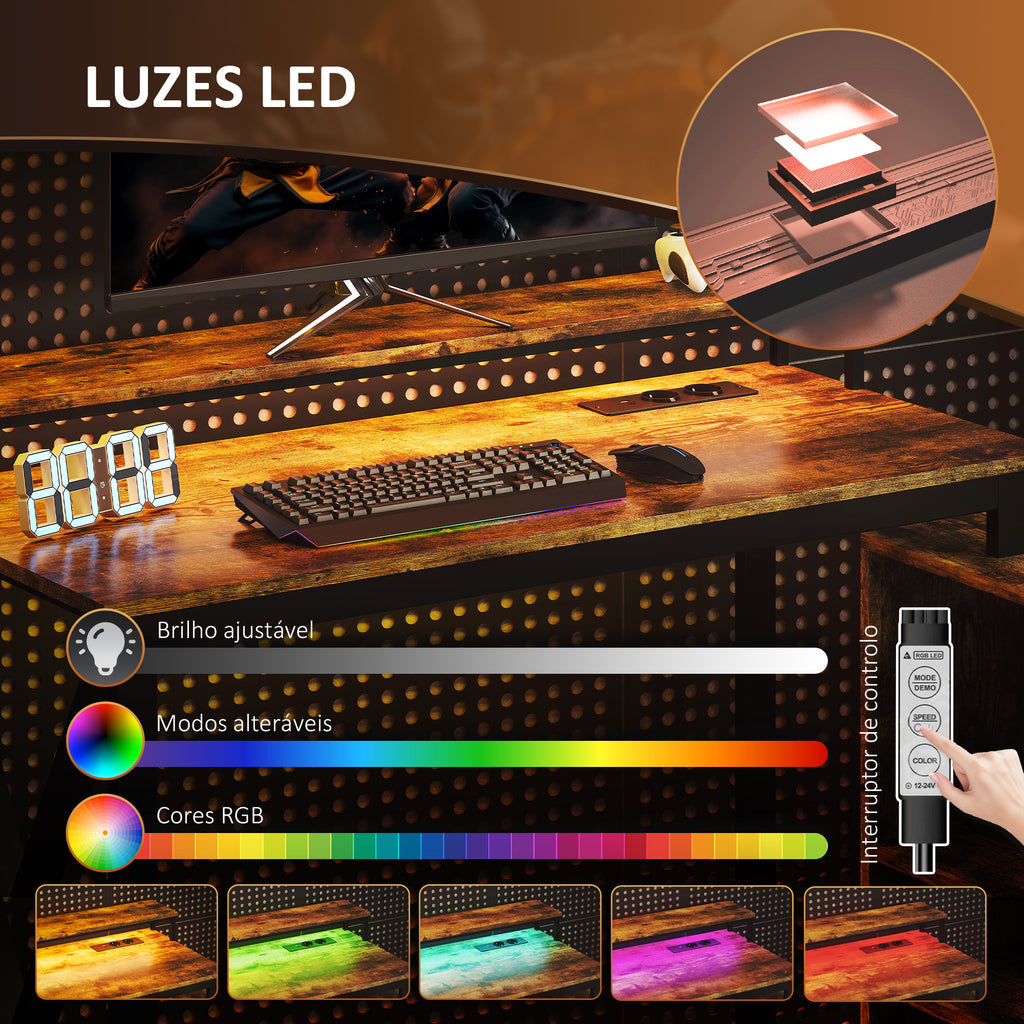 Secretária de Canto com Luzes LED Secretária com Estação de Carga 2 Compartimentos 2 Gavetas de Tela Controlo Remoto Suporte para Monitor para Sala de Estar Escritório Castanho Rústico