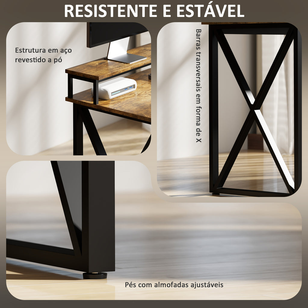 Secretária de Canto com Luzes LED Secretária com Estação de Carga 2 Compartimentos 2 Gavetas de Tela Controlo Remoto Suporte para Monitor para Sala de Estar Escritório Castanho Rústico