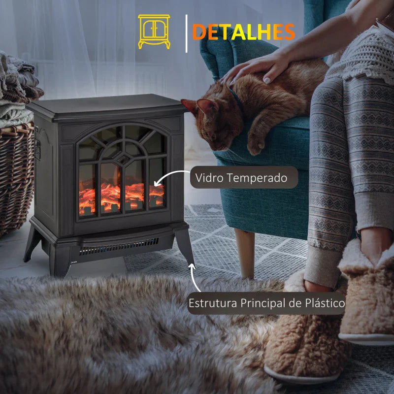 Lareira Elétrica Portátil 1000/2000W com Simulação de Chama Realista Termostato para Salas de até 20m² 36,5x24x46cm Preto