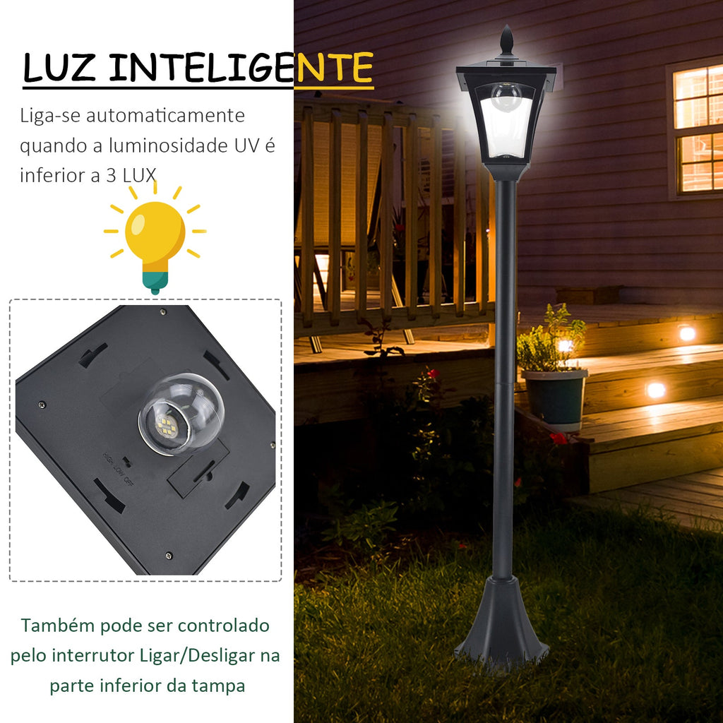 Candeeiro Solar de Jardim – 18x18x160 cm – Preto – Estrutura em Aço Inoxidável – IP44 – Iluminação Automática