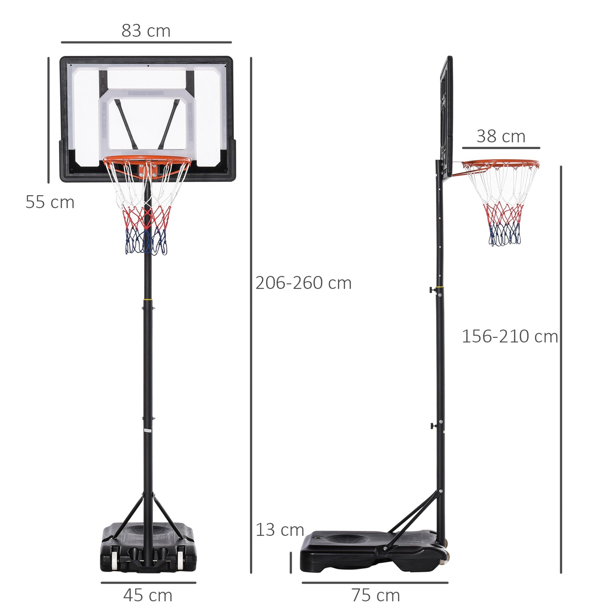 Tabela de Basquetebol para Exterior com Altura Ajustável 206 - 260 cm Cesta de Basquetebol com Rodas e Base Recarregável para Adolescentes e Adultos Preto - A minha loja