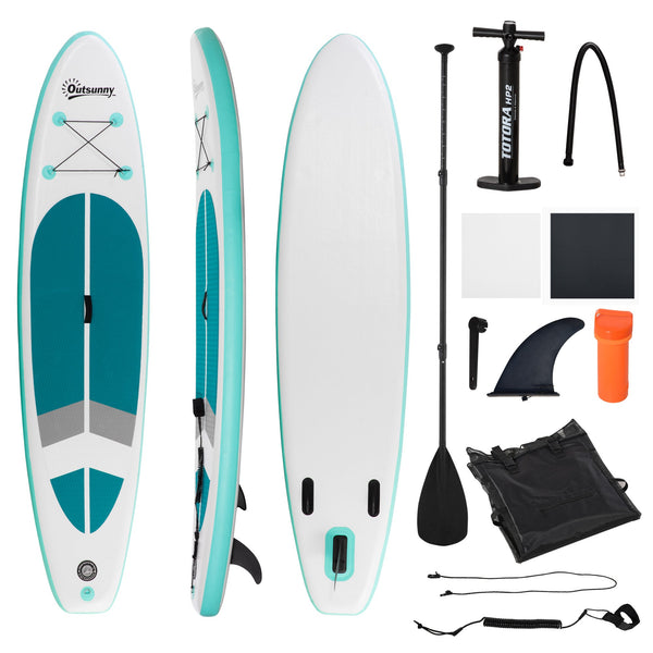 Prancha de Paddle Surf Inflável 320x76x15cm Dobrável com Remo de Alumínio Ajustável Desmontável Bolsa de Transporte e Acessórios Branco e Turquesa