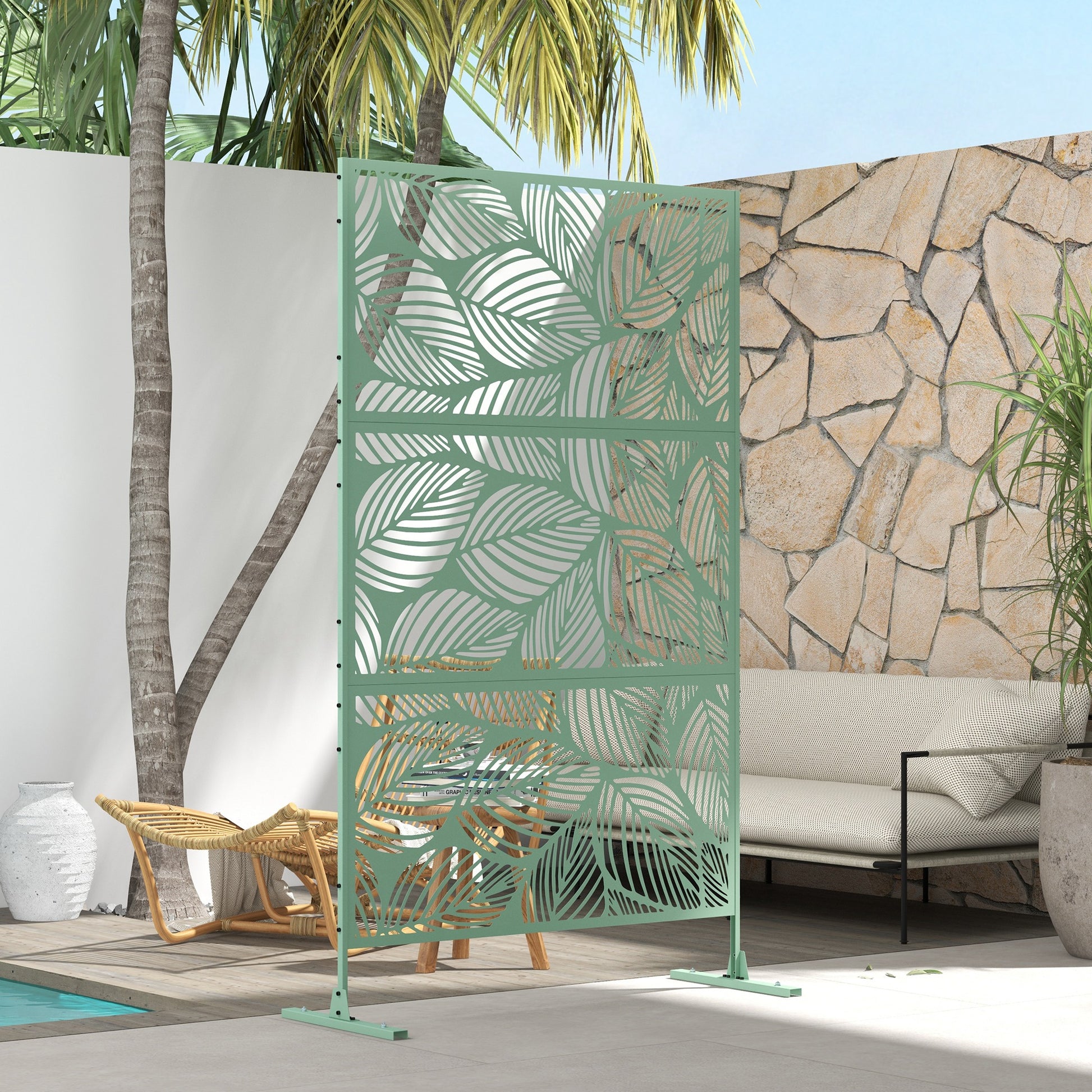 Biombo de Exterior Separador de Ambientes com 3 Peças com Padrão de Flores Grande e Estrutura de Aço Ecrã de Privacidade para Pátio Varanda Jardim 122x45x198 cm Verde