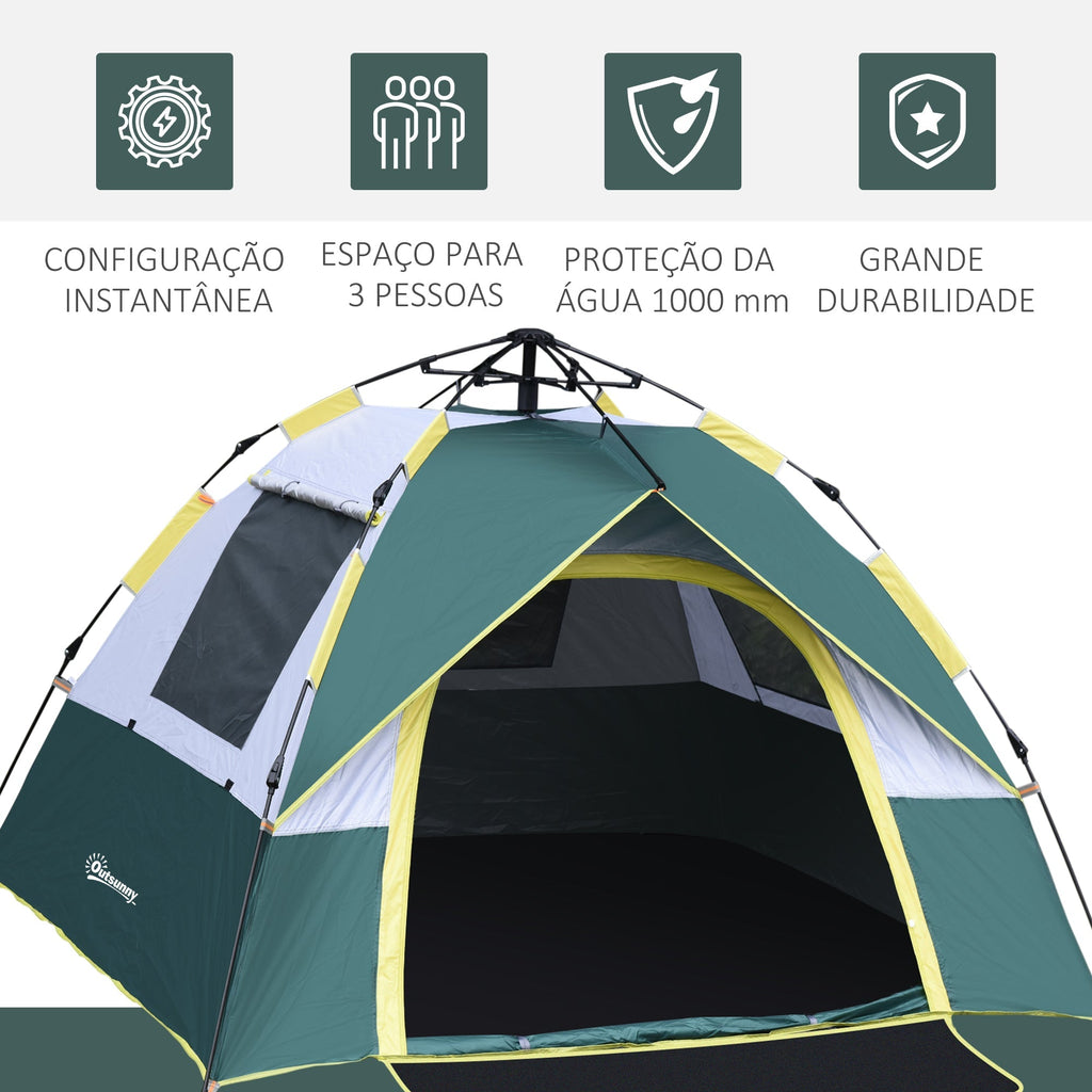 Tenda de Campismo para 3 Pessoas com Abertura Automática – 205x195x135 cm – Verde - A minha loja