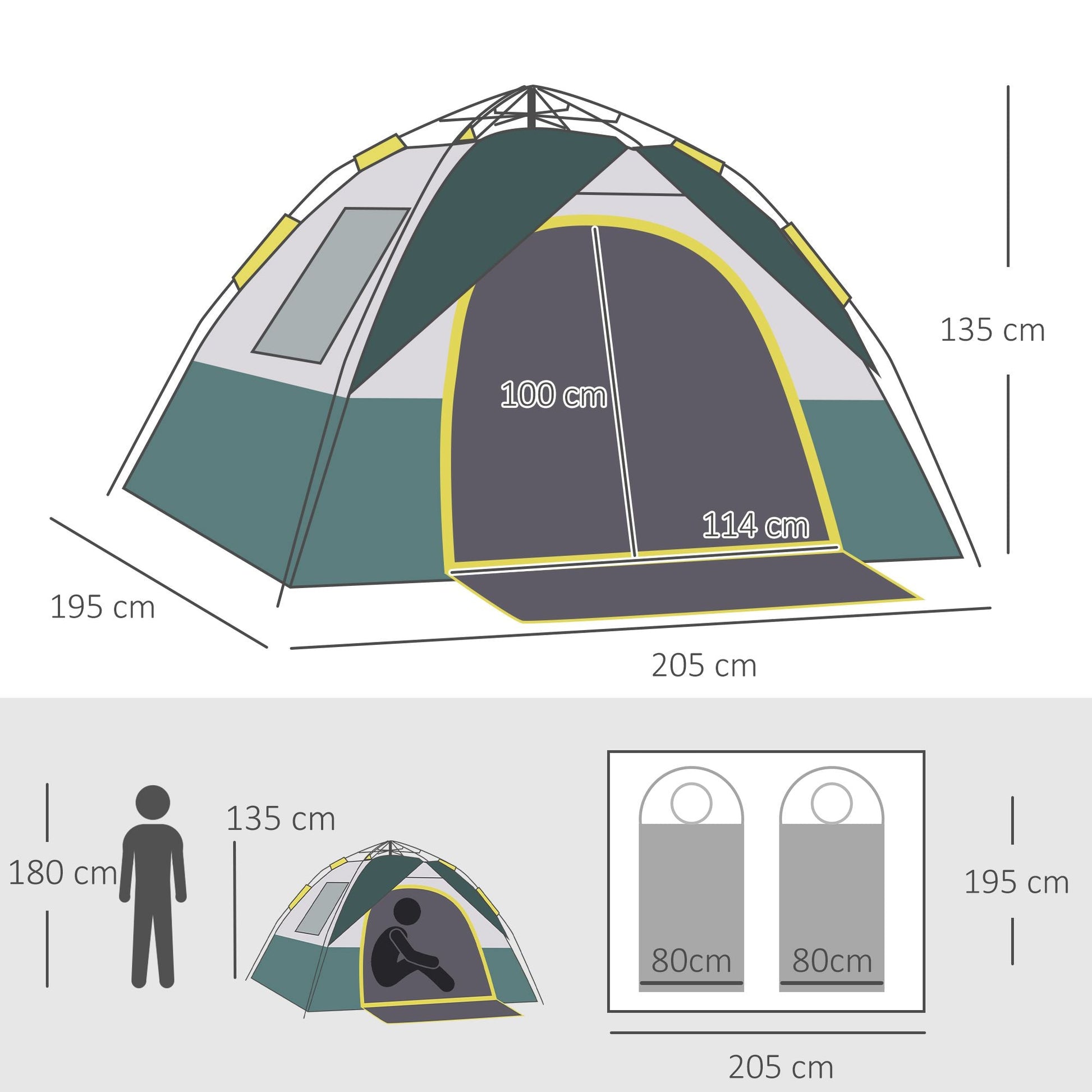 Tenda de Campismo para 3 Pessoas com Abertura Automática – 205x195x135 cm – Verde - A minha loja
