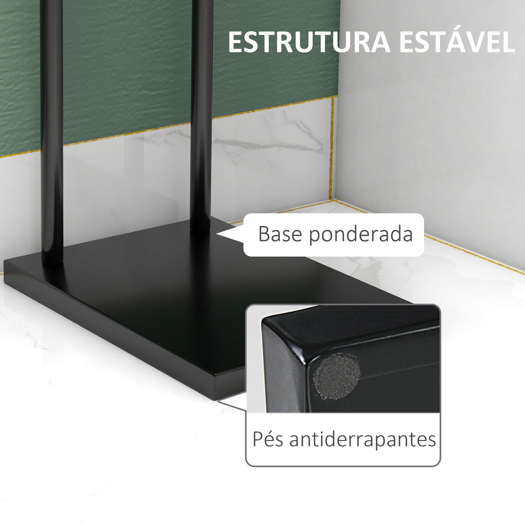 Toalheiro de Pé de 2 Níveis Toalheiro Casa de Banho com 2 Barras e Estrutura de Metal Toalheiro Moderno em Forma de L 35,5x20x78 cm Preto - A minha loja