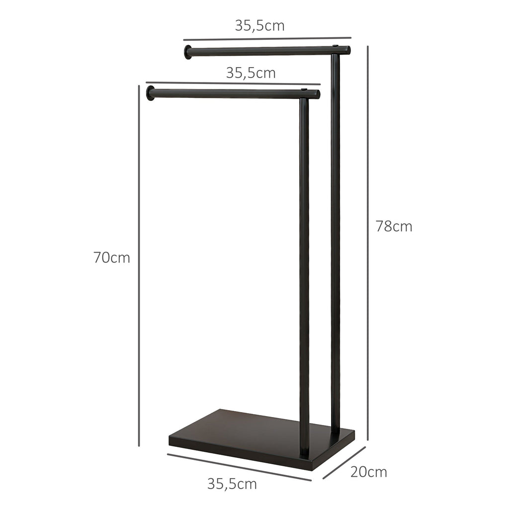 Toalheiro de Pé de 2 Níveis Toalheiro Casa de Banho com 2 Barras e Estrutura de Metal Toalheiro Moderno em Forma de L 35,5x20x78 cm Preto - A minha loja
