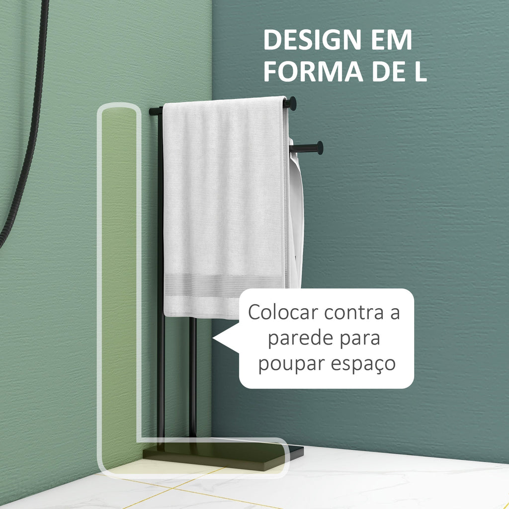 Toalheiro de Pé de 2 Níveis Toalheiro Casa de Banho com 2 Barras e Estrutura de Metal Toalheiro Moderno em Forma de L 35,5x20x78 cm Preto - A minha loja