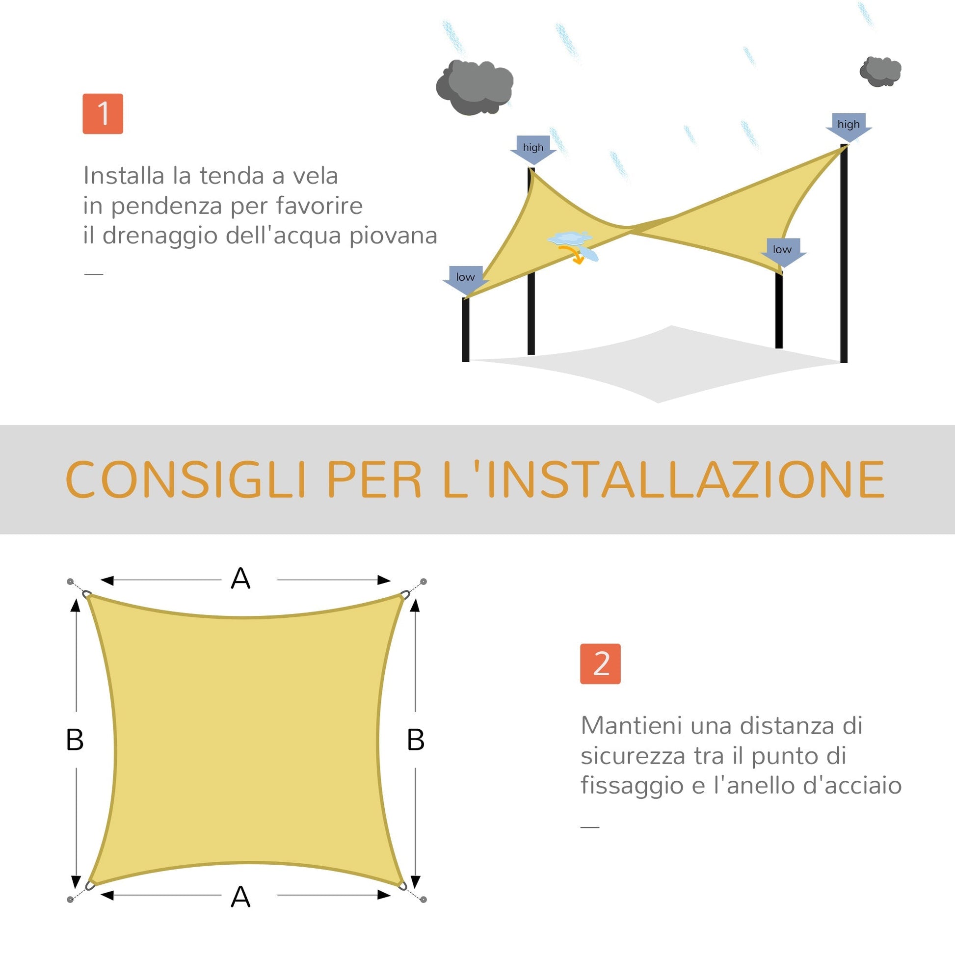 Toldo/Vela de Sombra Retangular 4x6 m com Proteção UV - Toldo com Anéis em Forma de D e Cordas - Areia - A minha loja