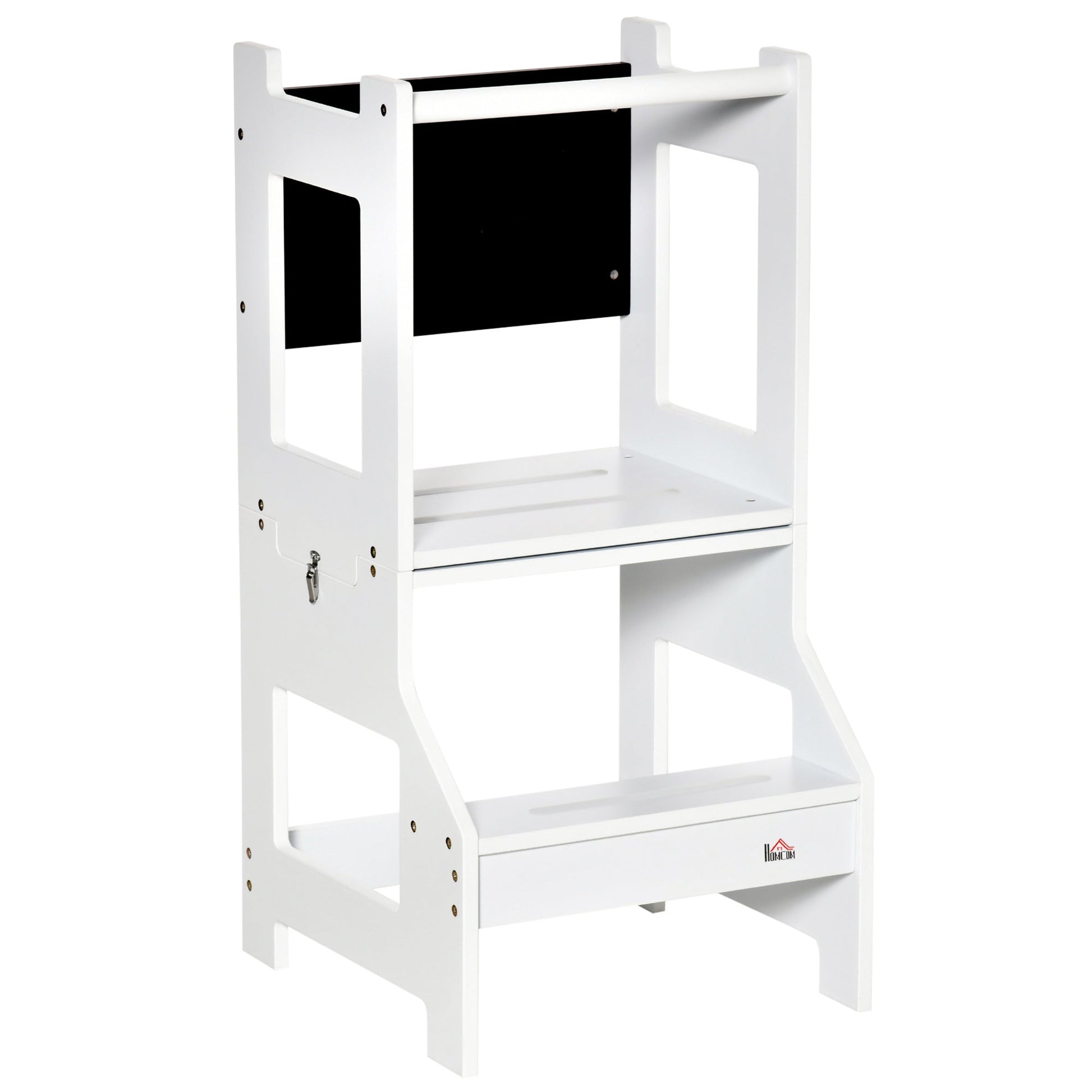 Torre de Aprendizagem para Crianças 3 - 6 Anos de Madeira Torre de Aprendizagem Infantil Convertível em Secretária com Ardósia e Barra de Segurança para Casa de Banho Cozinha 42x44x86cm Branco - A minha loja