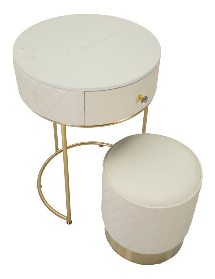 Toucador Alto Sharon com Puff - Madeira e MDF Branco com Detalhes Dourados - Ø 52 cm x 70 cm (Puff Ø 36 cm x 39 cm) - A minha loja