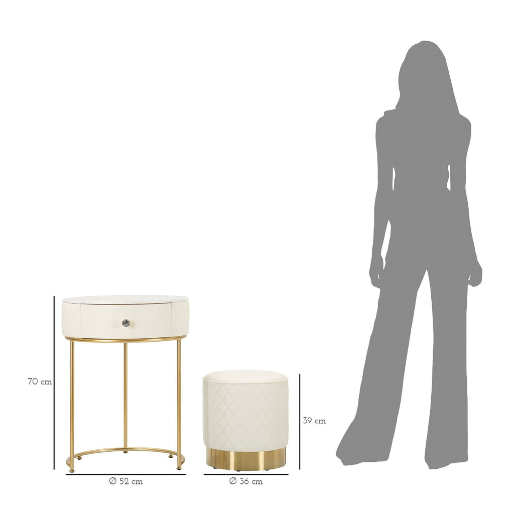 Toucador Alto Sharon com Puff - Madeira e MDF Branco com Detalhes Dourados - Ø 52 cm x 70 cm (Puff Ø 36 cm x 39 cm) - A minha loja
