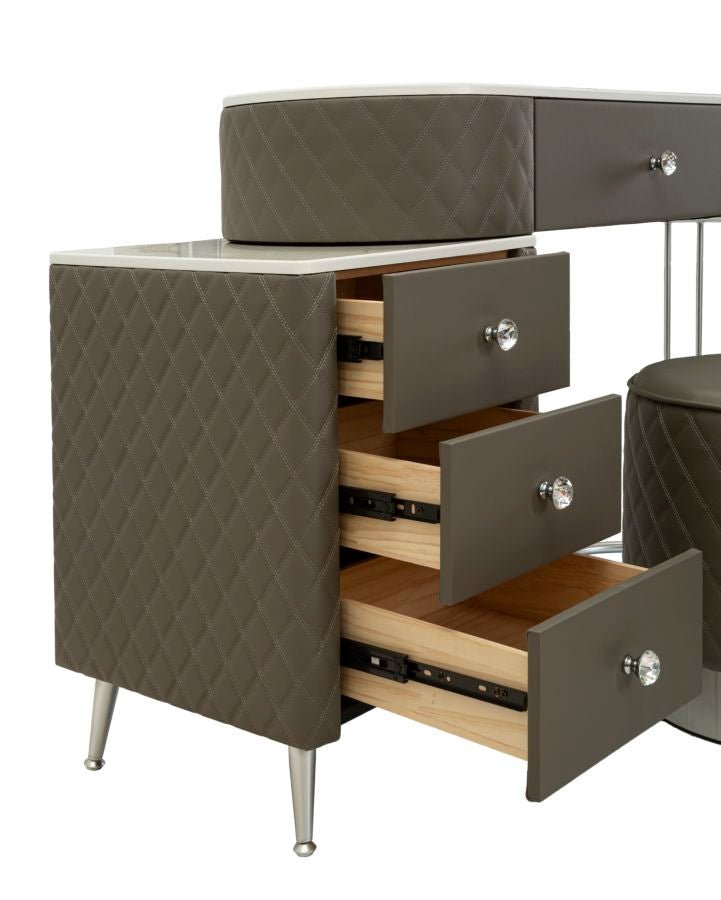 Toucador Sharon Cinza com Puff - Estrutura Metálica Prateada - 120 cm x 40 cm x 75 cm (Puff Ø 36 cm x 39 cm) - A minha loja