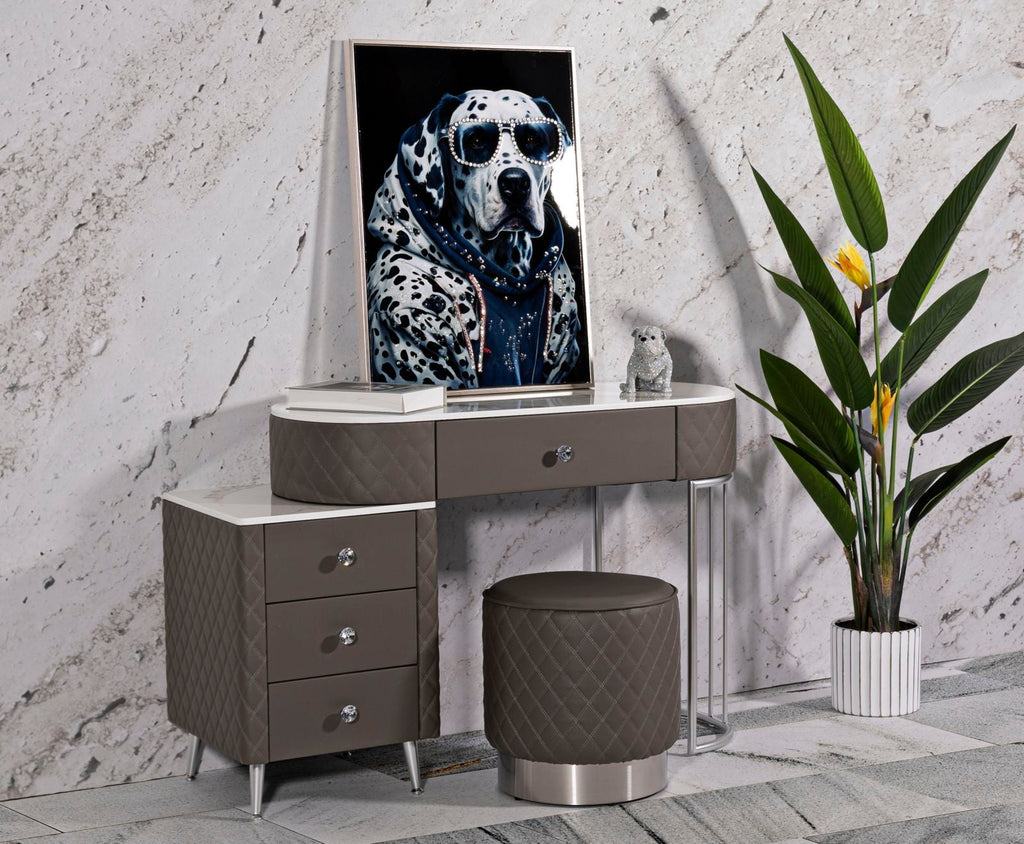 Toucador Sharon Cinza com Puff - Estrutura Metálica Prateada - 120 cm x 40 cm x 75 cm (Puff Ø 36 cm x 39 cm) - A minha loja