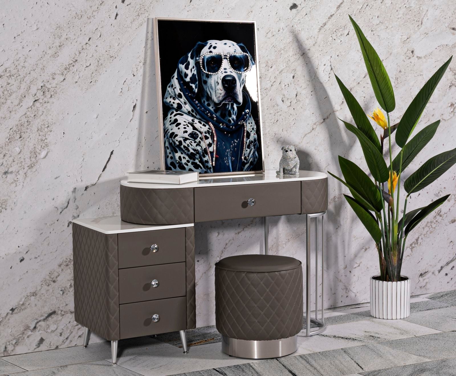 Toucador Sharon Cinza com Puff - Estrutura Metálica Prateada - 120 cm x 40 cm x 75 cm (Puff Ø 36 cm x 39 cm) - A minha loja