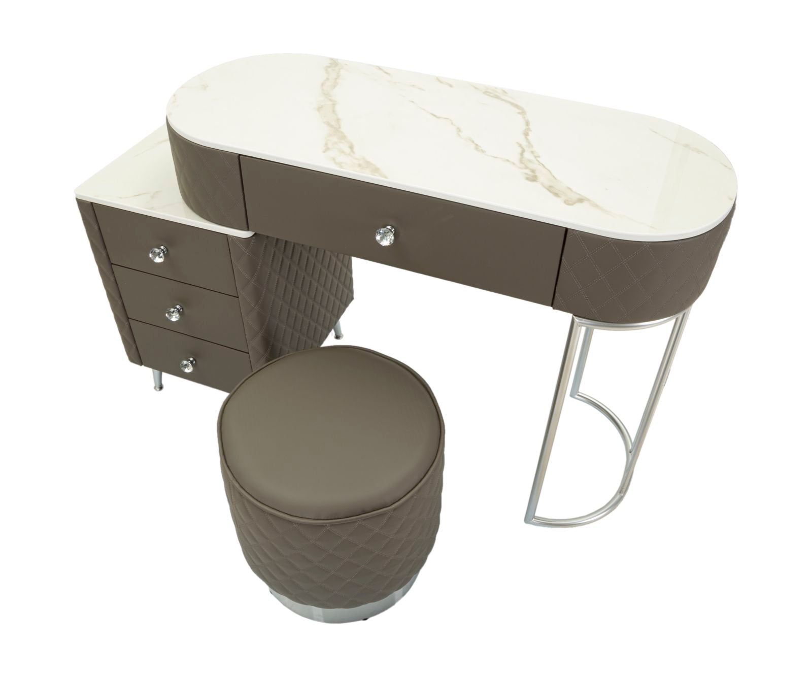 Toucador Sharon Cinza com Puff - Estrutura Metálica Prateada - 120 cm x 40 cm x 75 cm (Puff Ø 36 cm x 39 cm) - A minha loja