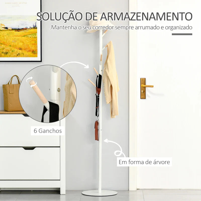 Cabide de Pé de Madeira Cabide de Pé com 6 Ganchos para Roupa Bolsas e Estrutura de Metal para Sala de Estar Entrada Dormitório 35x35x174cm Branco e Madeira