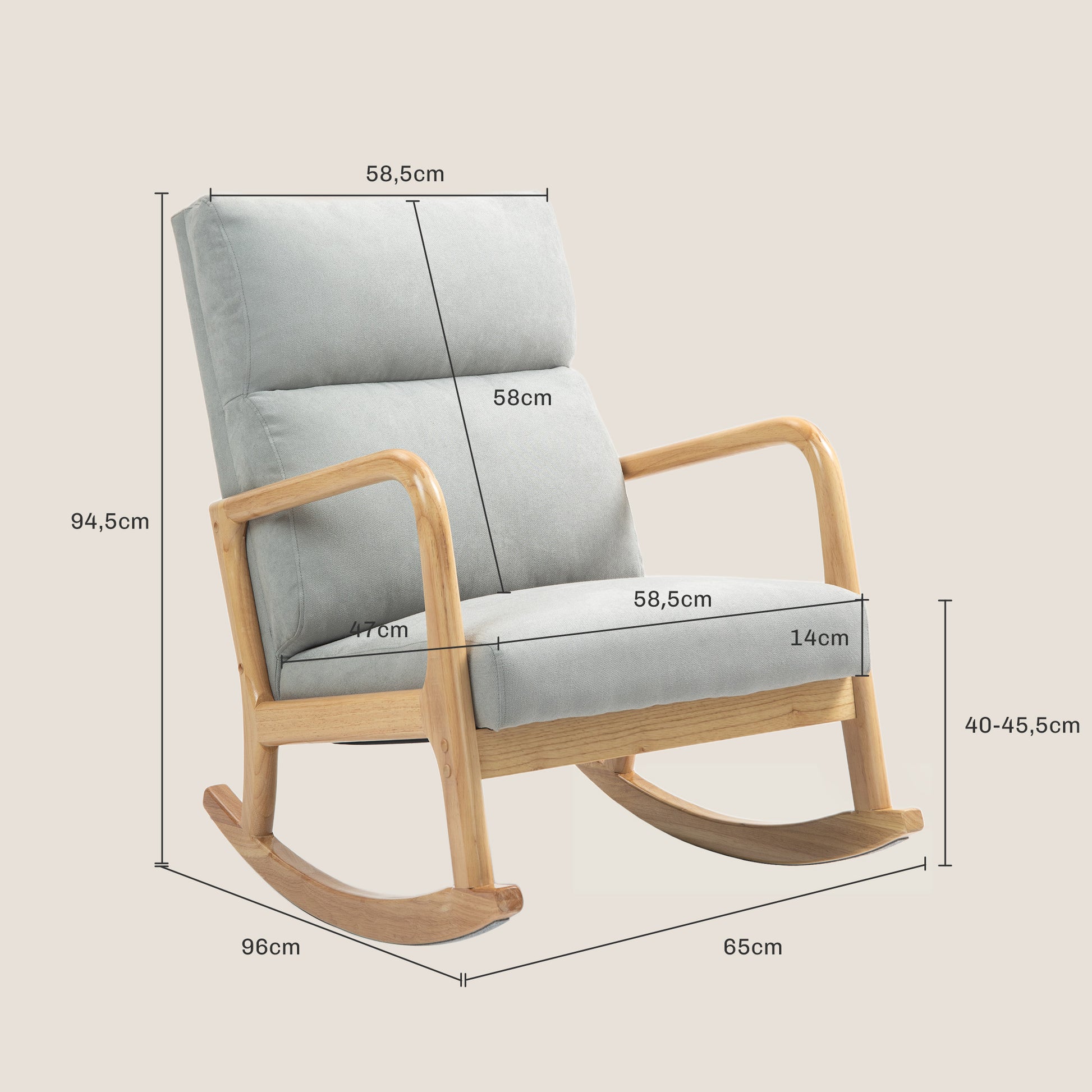 Poltrona Baloiço Estofada em Linho Poltrona Baloiço com Pés de Madeira de Borracha e Apoio para os Braços para Sala de Estar Dormitório Carga 150 kg 65x87x94,5 cm Cinza