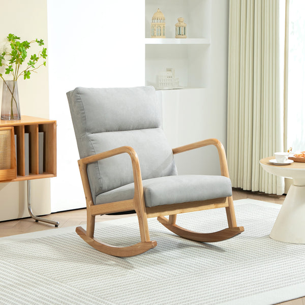 Poltrona Baloiço Estofada em Linho Poltrona Baloiço com Pés de Madeira de Borracha e Apoio para os Braços para Sala de Estar Dormitório Carga 150 kg 65x87x94,5 cm Cinza