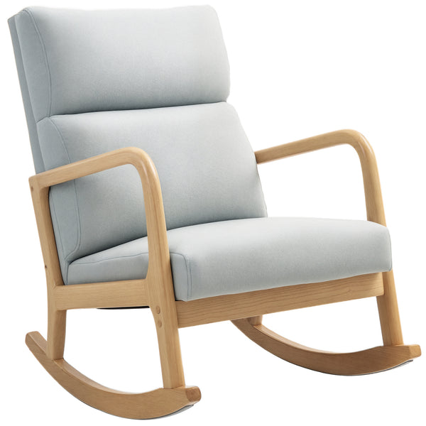 Poltrona Baloiço Estofada em Linho Poltrona Baloiço com Pés de Madeira de Borracha e Apoio para os Braços para Sala de Estar Dormitório Carga 150 kg 65x87x94,5 cm Cinza