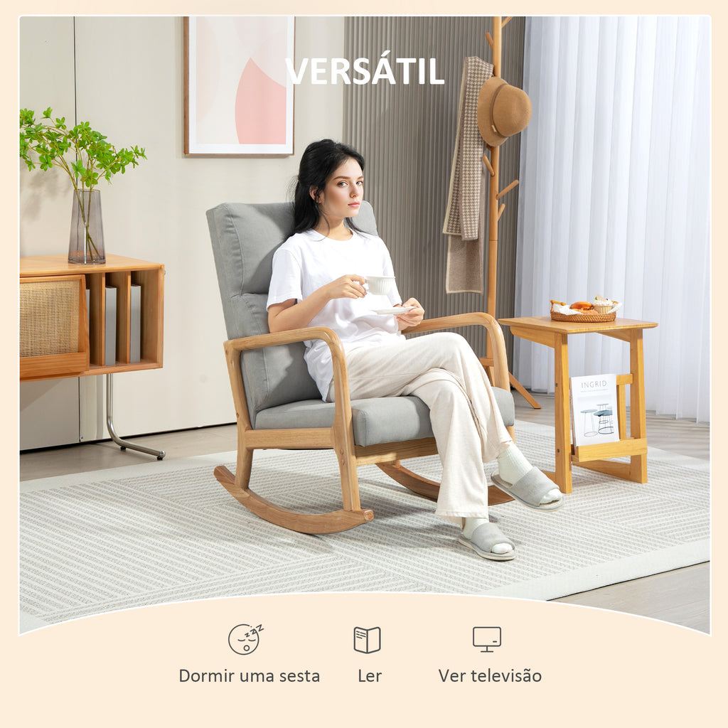 Poltrona Baloiço Estofada em Linho Poltrona Baloiço com Pés de Madeira de Borracha e Apoio para os Braços para Sala de Estar Dormitório Carga 150 kg 65x87x94,5 cm Cinza