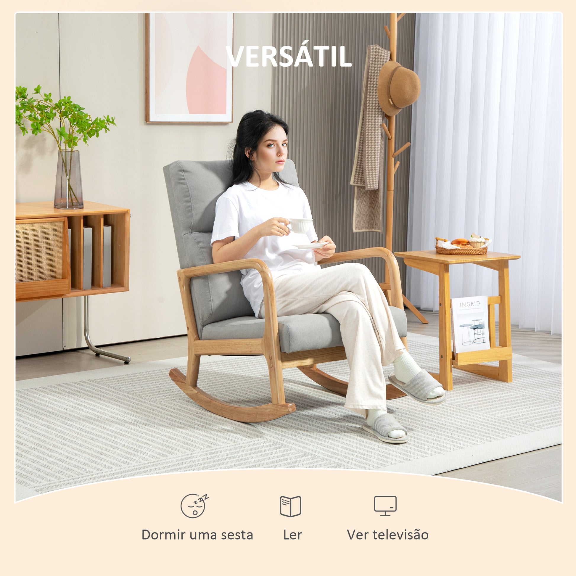 Poltrona Baloiço Estofada em Linho Poltrona Baloiço com Pés de Madeira de Borracha e Apoio para os Braços para Sala de Estar Dormitório Carga 150 kg 65x87x94,5 cm Cinza