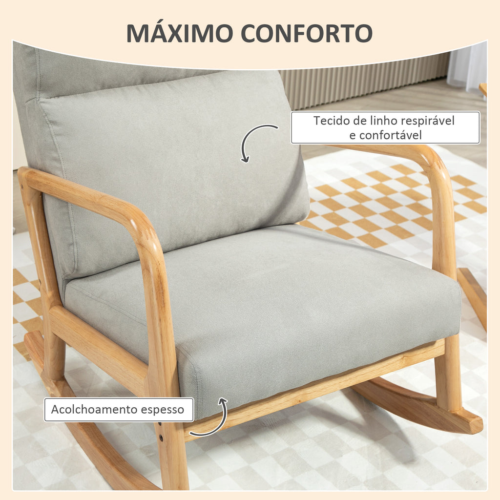 Poltrona Baloiço Estofada em Linho Poltrona Baloiço com Pés de Madeira de Borracha e Apoio para os Braços para Sala de Estar Dormitório Carga 150 kg 65x87x94,5 cm Cinza