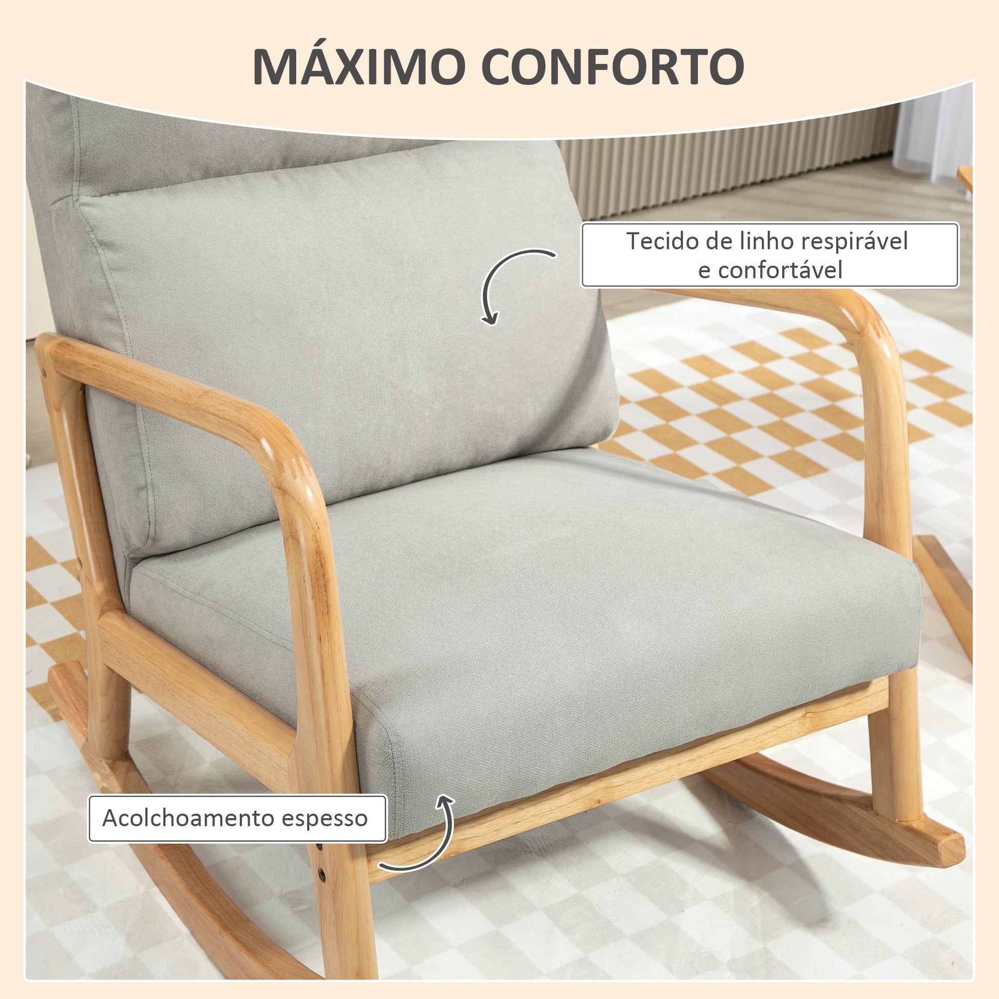 Poltrona Baloiço Estofada em Linho Poltrona Baloiço com Pés de Madeira de Borracha e Apoio para os Braços para Sala de Estar Dormitório Carga 150 kg 65x87x94,5 cm Cinza