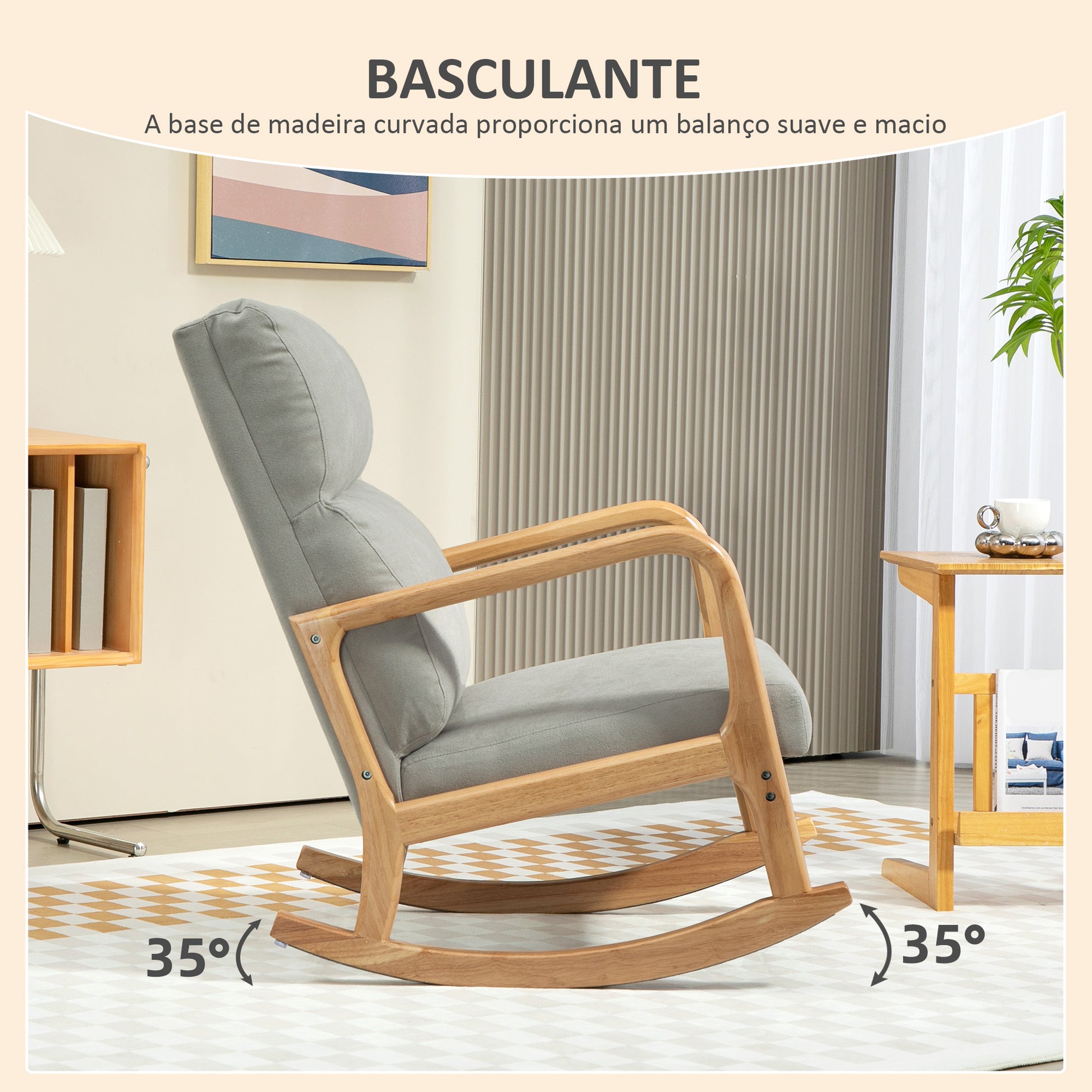 Poltrona Baloiço Estofada em Linho Poltrona Baloiço com Pés de Madeira de Borracha e Apoio para os Braços para Sala de Estar Dormitório Carga 150 kg 65x87x94,5 cm Cinza