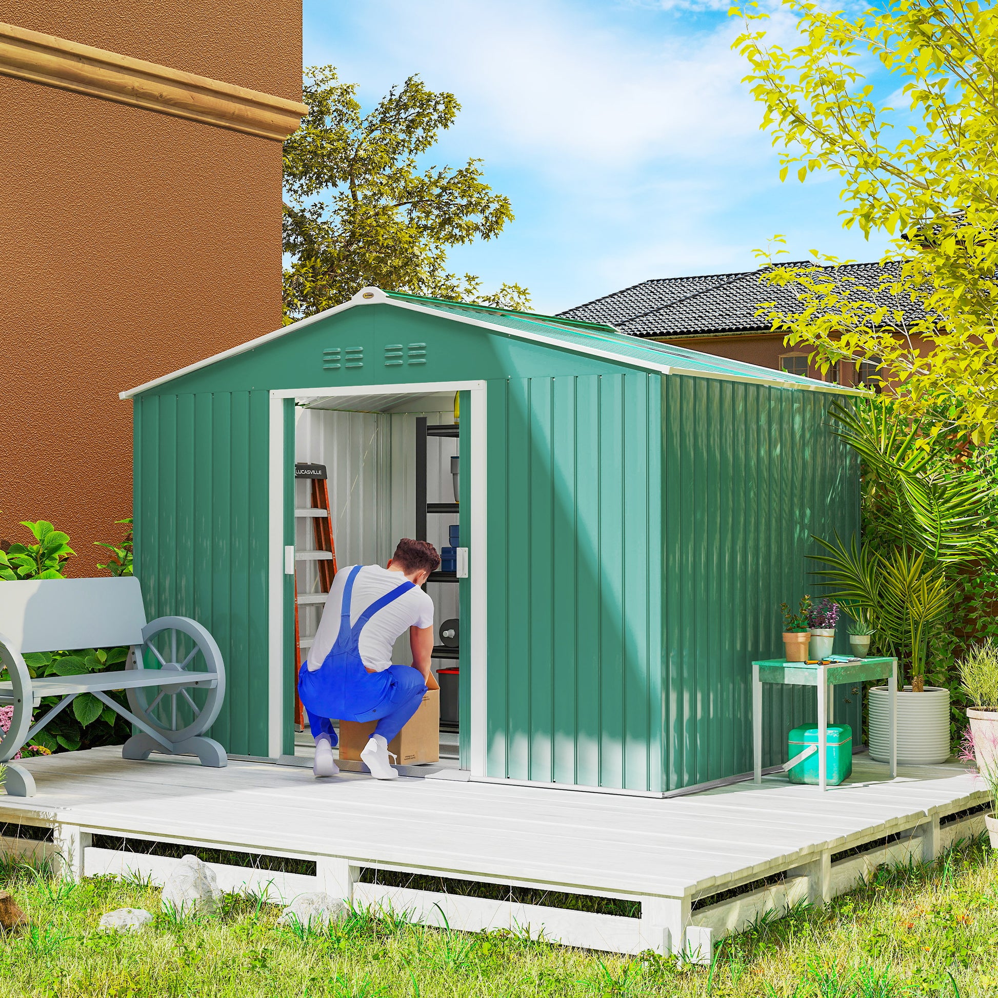 Abrigo de Jardim Exterior 4,9 m² 277x195x192cm Abrigo e Jardim Metálico para Armazenamento de Ferramentas com Base Incluída (Chão não Incluído) e 4 Janelas Verde Escuro