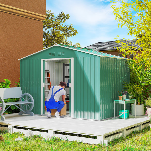 Abrigo de Jardim Exterior 4,9 m² 277x195x192cm Abrigo e Jardim Metálico para Armazenamento de Ferramentas com Base Incluída (Chão não Incluído) e 4 Janelas Verde Escuro