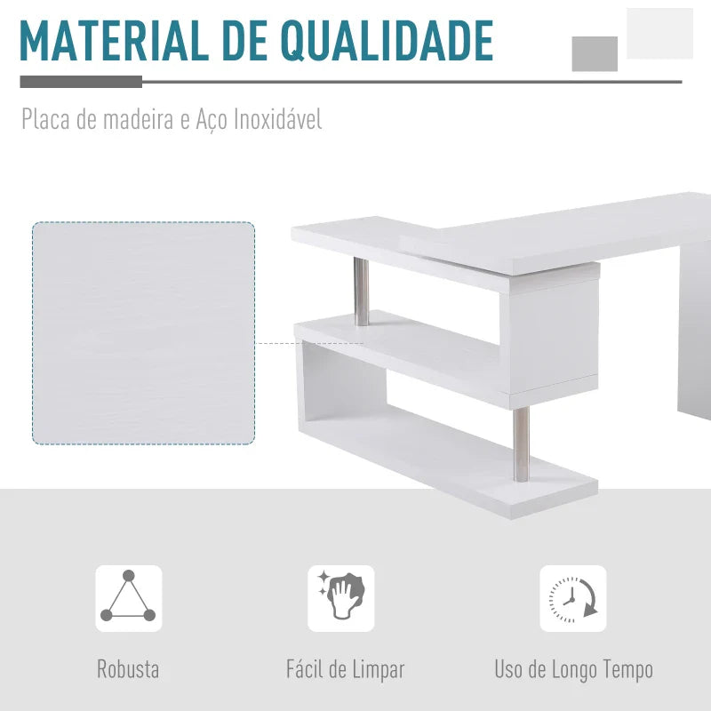 Secretária de Canto Giratória 360º Secretária em Forma de L com Prateleiras para Escritório Casa 114x120x76,1cm Branco