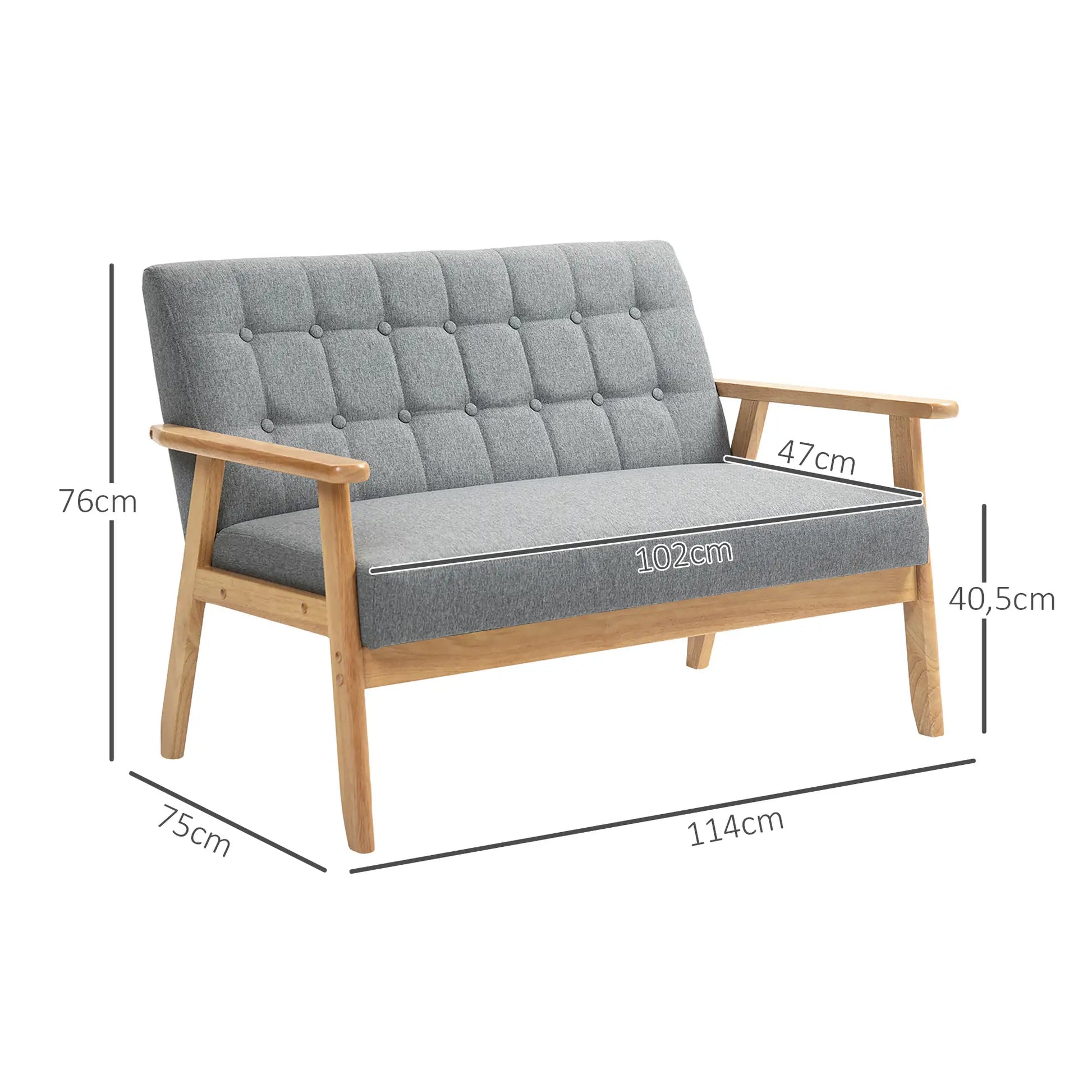 Sofá 2 Lugares Sofá Estofado em Linho com Apoio para os Braços de Madeira Encosto Acolchoado Carga 250 kg Poltrona para Sala de Estar Dormitório 114x75x76 cm Cinza Claro