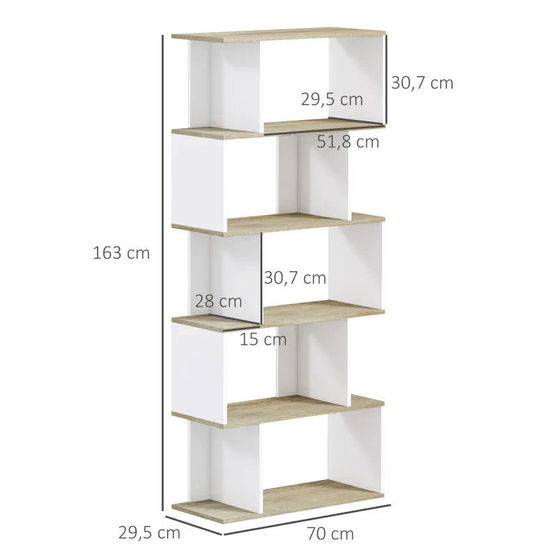 Estante para Livros Estilo Nórdico Estante com 5 Prateleiras Anti-Tombo Carga Máxima 25 kg para Estúdio Escritório Sala de Estar 70x29,5x163 cm Branco e Madeira