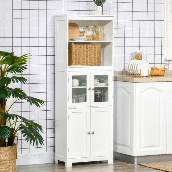 Armário de Cozinha com 2 Portas de Vidro Temperado 2 Prateleiras Abertas e Armário com Prateleira Ajustável para Sala de Estar 60x30x162 cm Branco