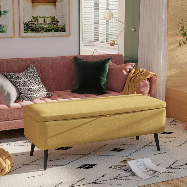 Banco de Armazenamento Estofado em Linho com Tampa Abatível e Pés de Aço para Dormitório Sala de Estar Entrada Carga Máxima 150kg 101x38,5x44,5 cm Amarelo